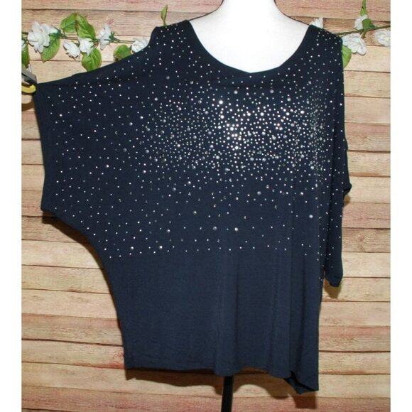 Venus Womens Black Studded Open Shoulder Blouse Top Size 3X Stretch Short Sleeve - Picture 4 of 9
